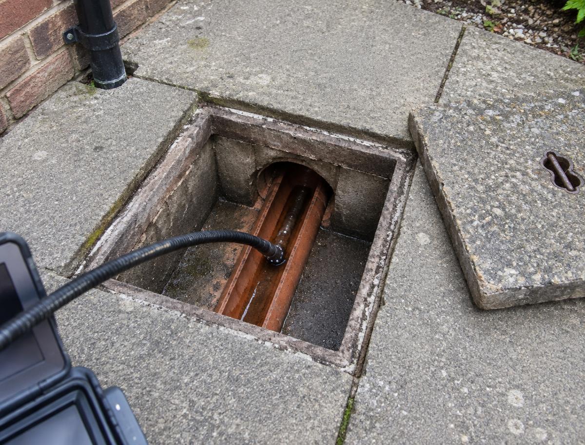 Inspection camera cable inside an open domestic drain chamber